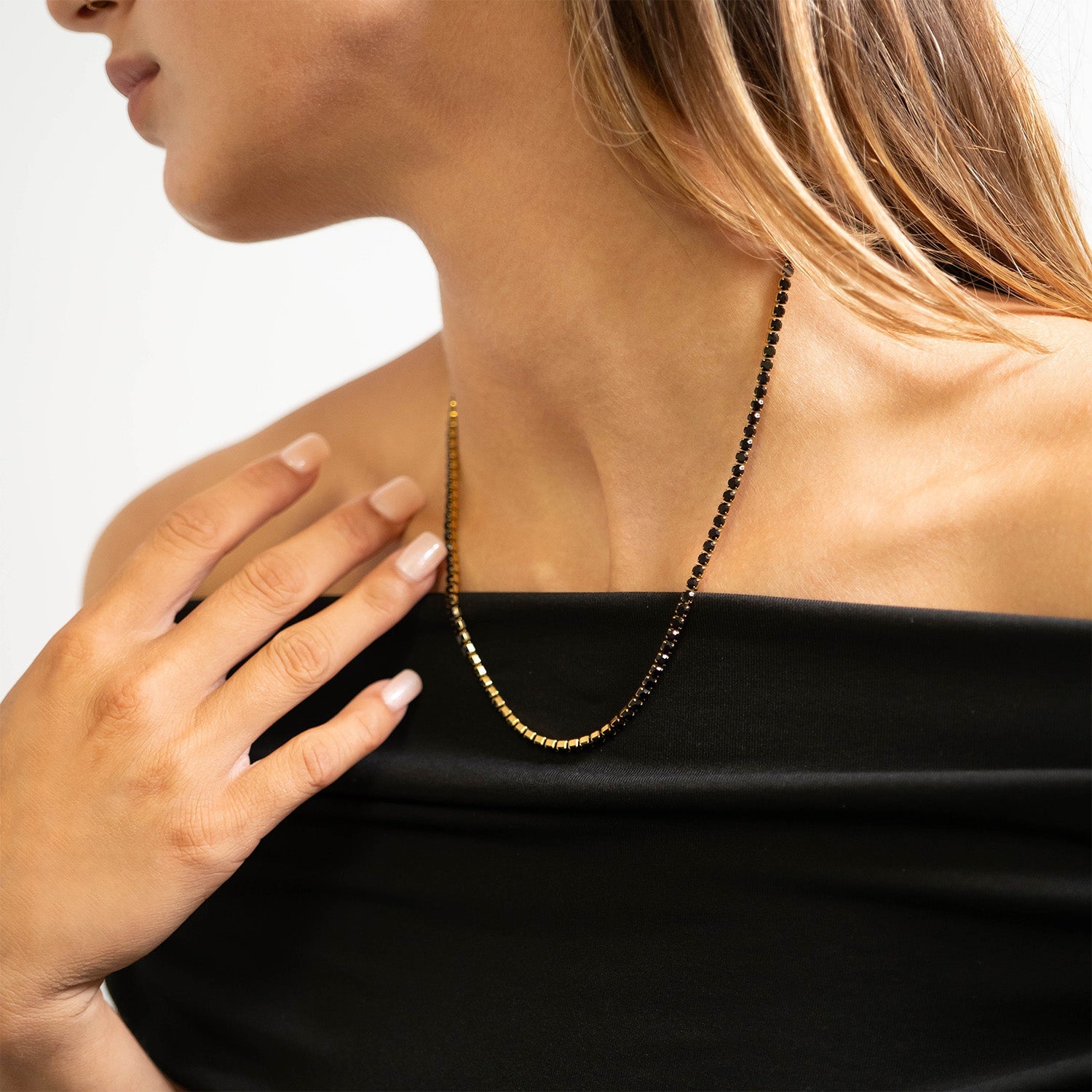 18K Gold PVD Stainless Steel Jet Rhinestone Tennis Chain Necklace With 2" Extension