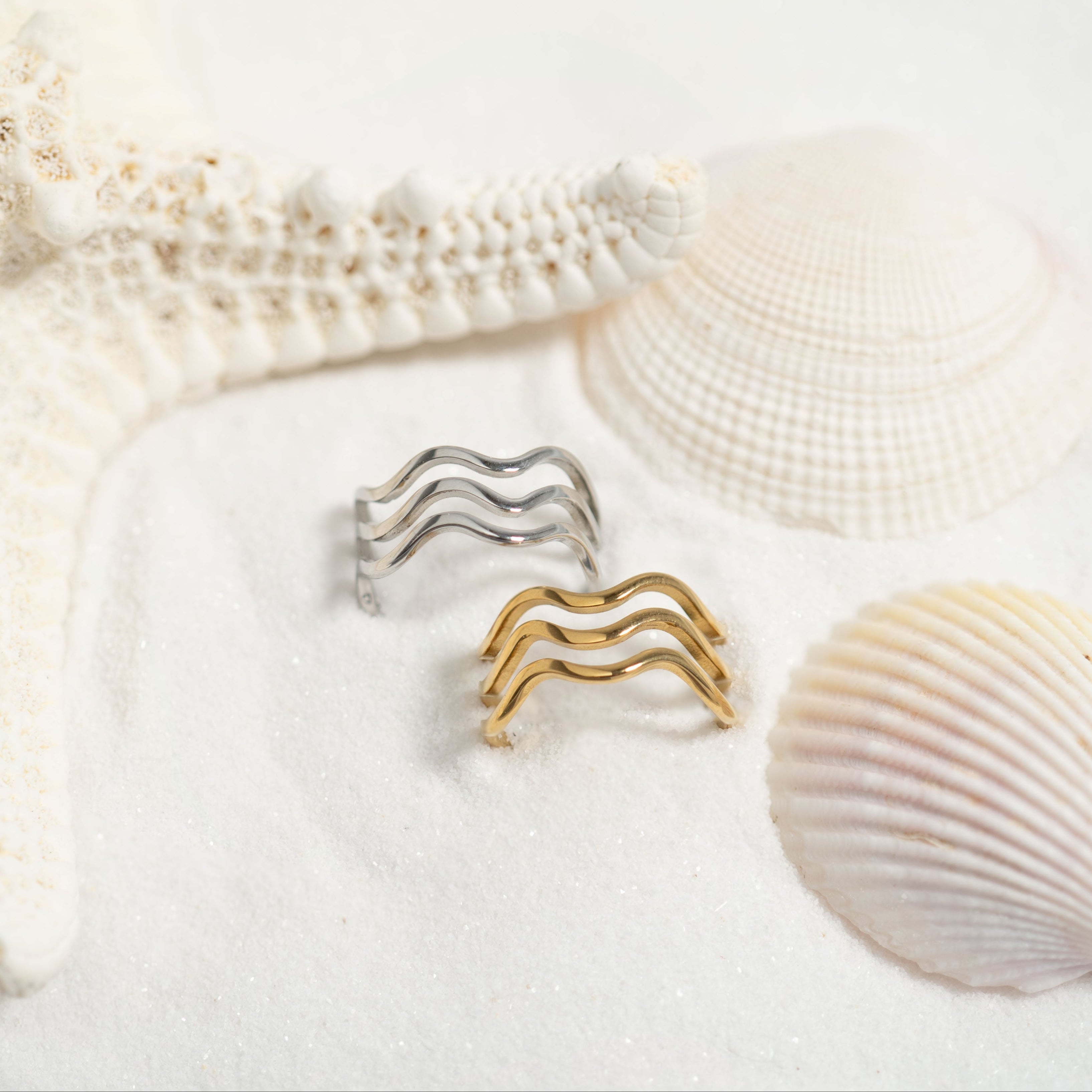 18K Gold PVD Stainless Steel Triple Wave Geometric Ring