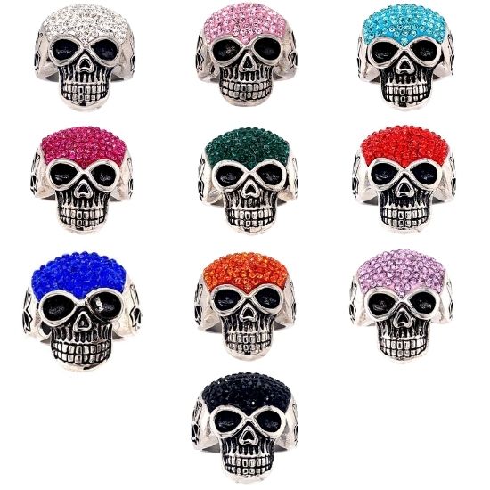 Skull With Tiny Green Accent CZ Stones Stainless Steel Ring