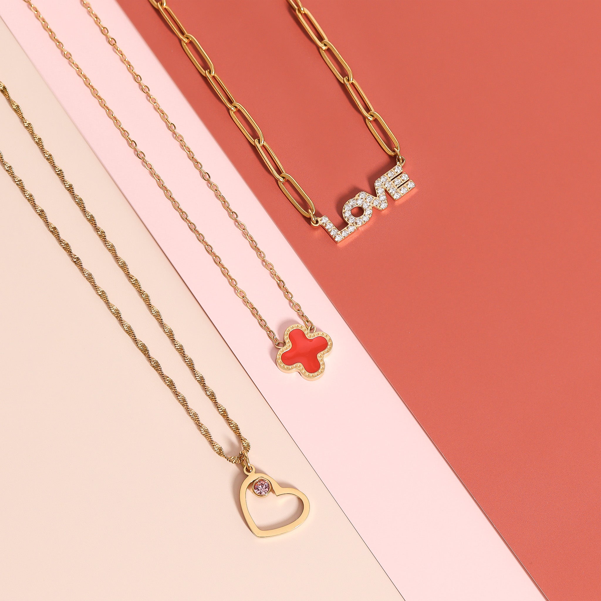 18K Gold PVD Stainless Steel Stone "Love" Paperclip Chain Necklace
