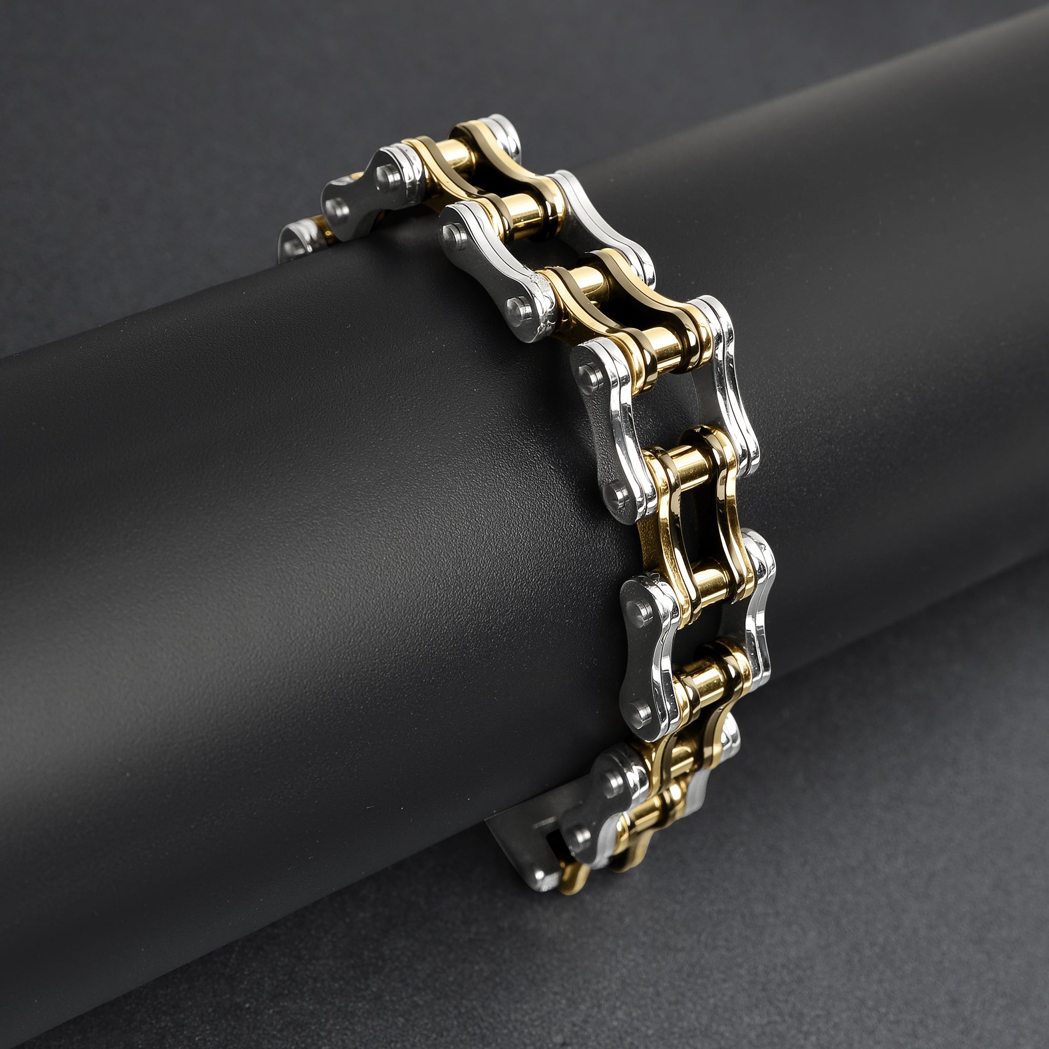 Stainless Steel Black And 18K Gold PVD Coated Bike Chain Bracelet