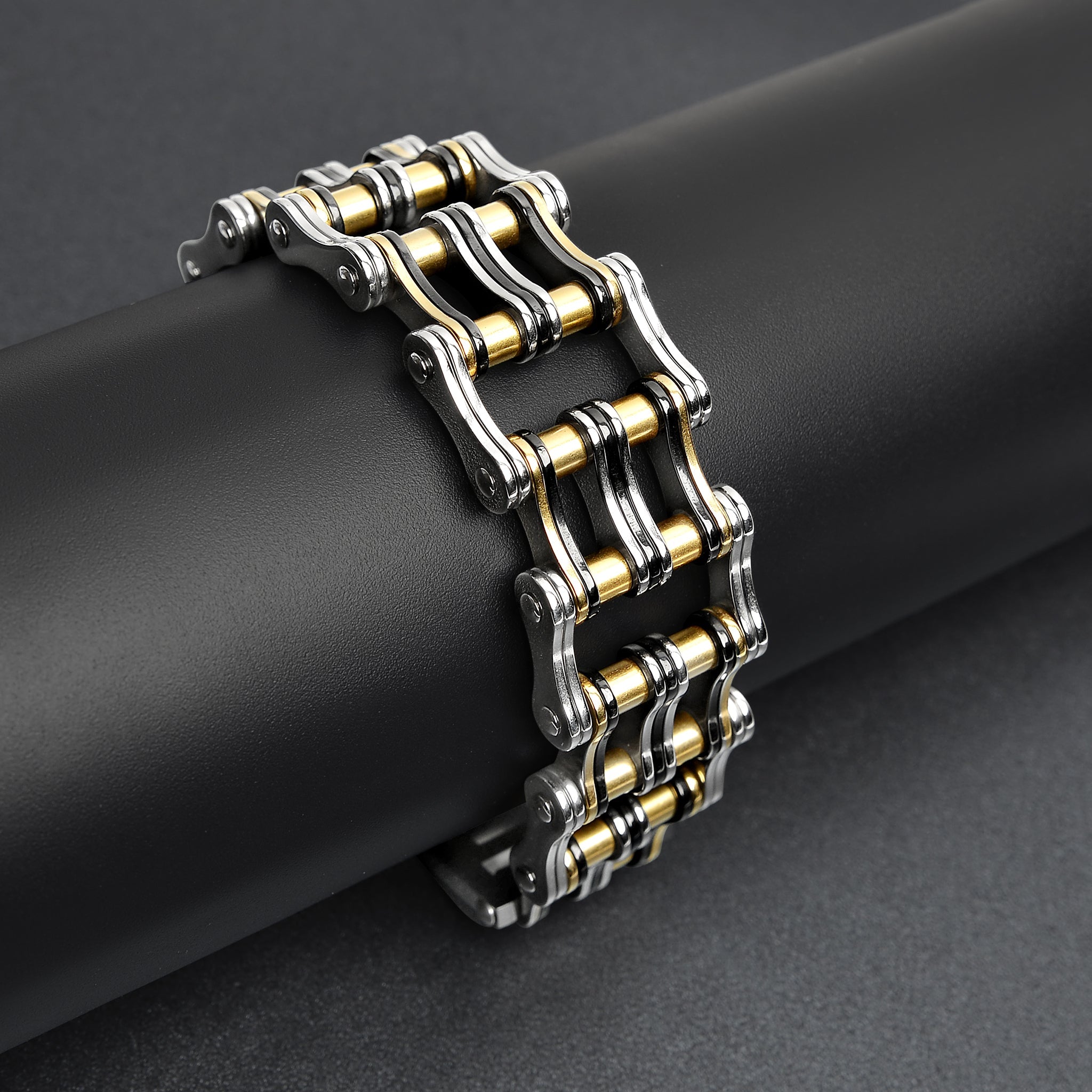 Stainless Steel Black And 18K Gold PVD Coated Double Bike Chain Bracelet