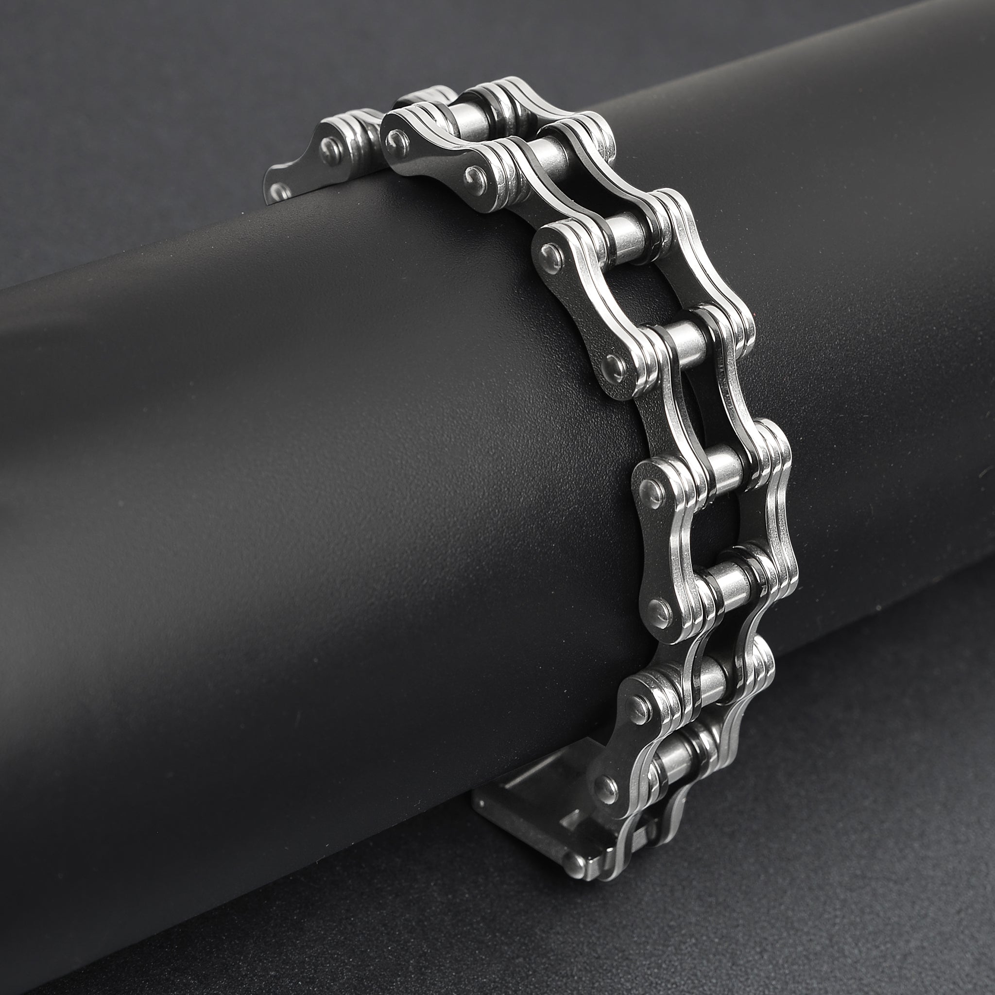 Stainless Steel And Black Bike Chain Bracelet
