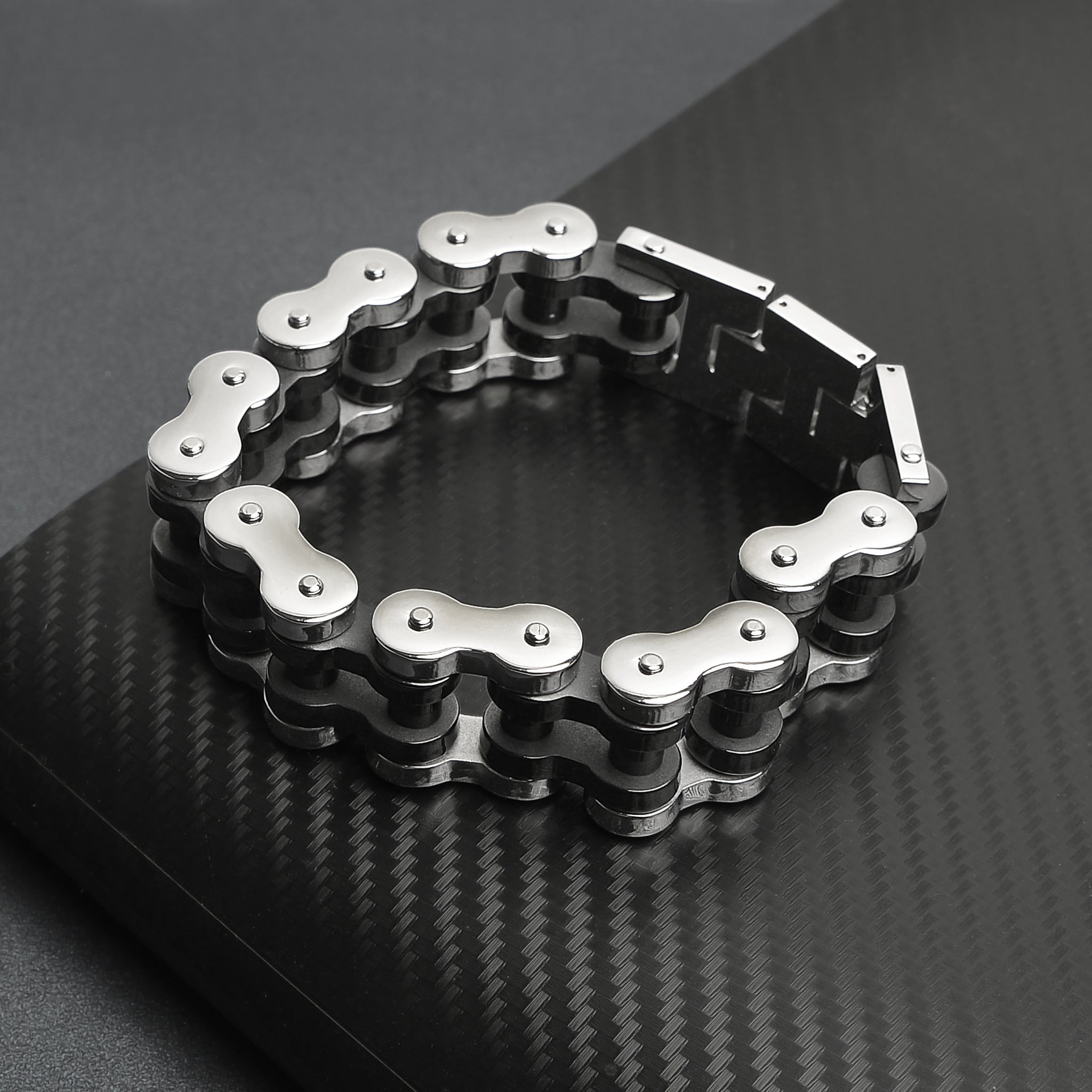 Stainless Steel and Black Bike Chain Bracelet