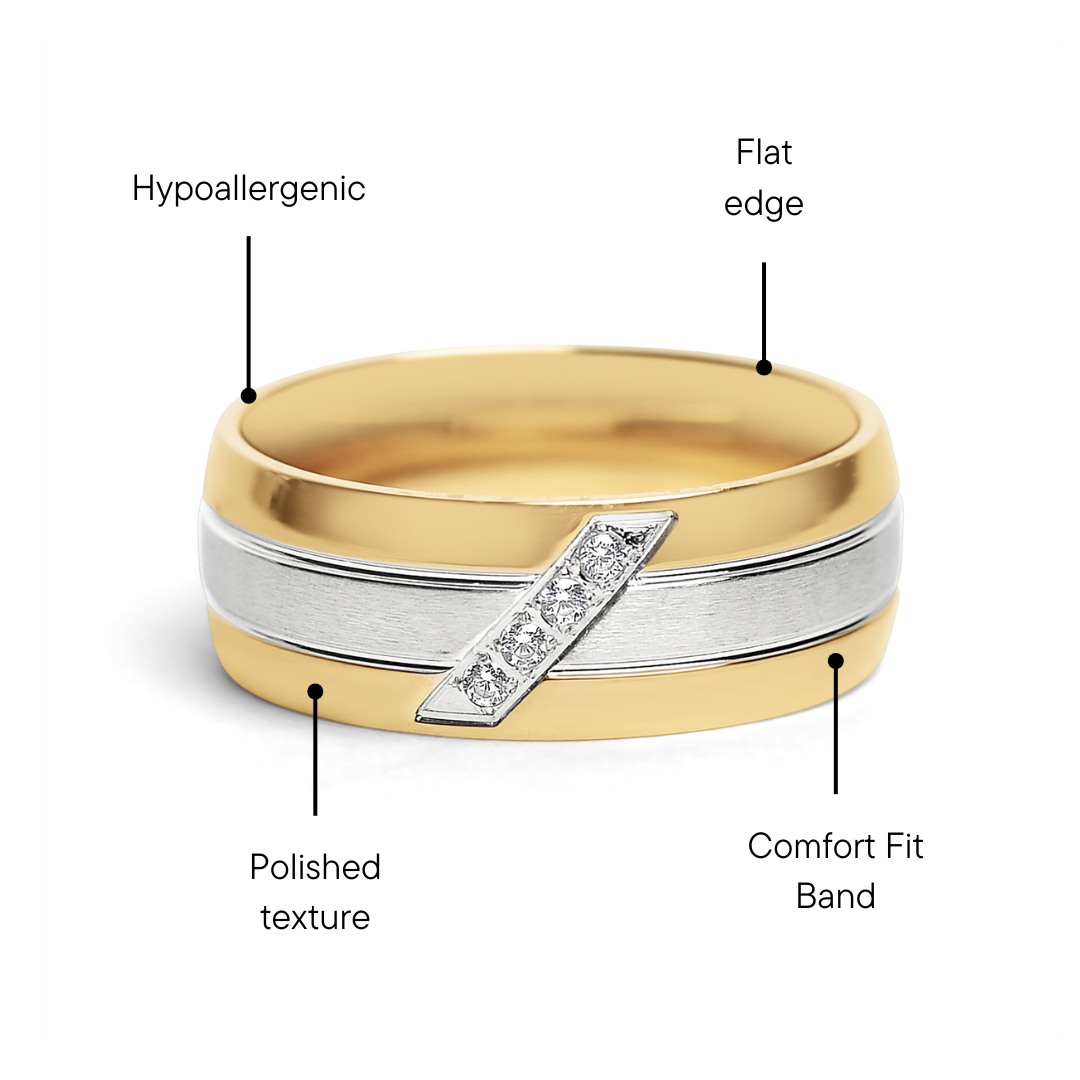 Gold Polished Groove Pattern Stainless Steel Ring With CZ Accents