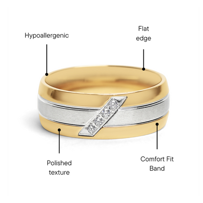 Gold Polished Groove Pattern Stainless Steel Ring With CZ Accents