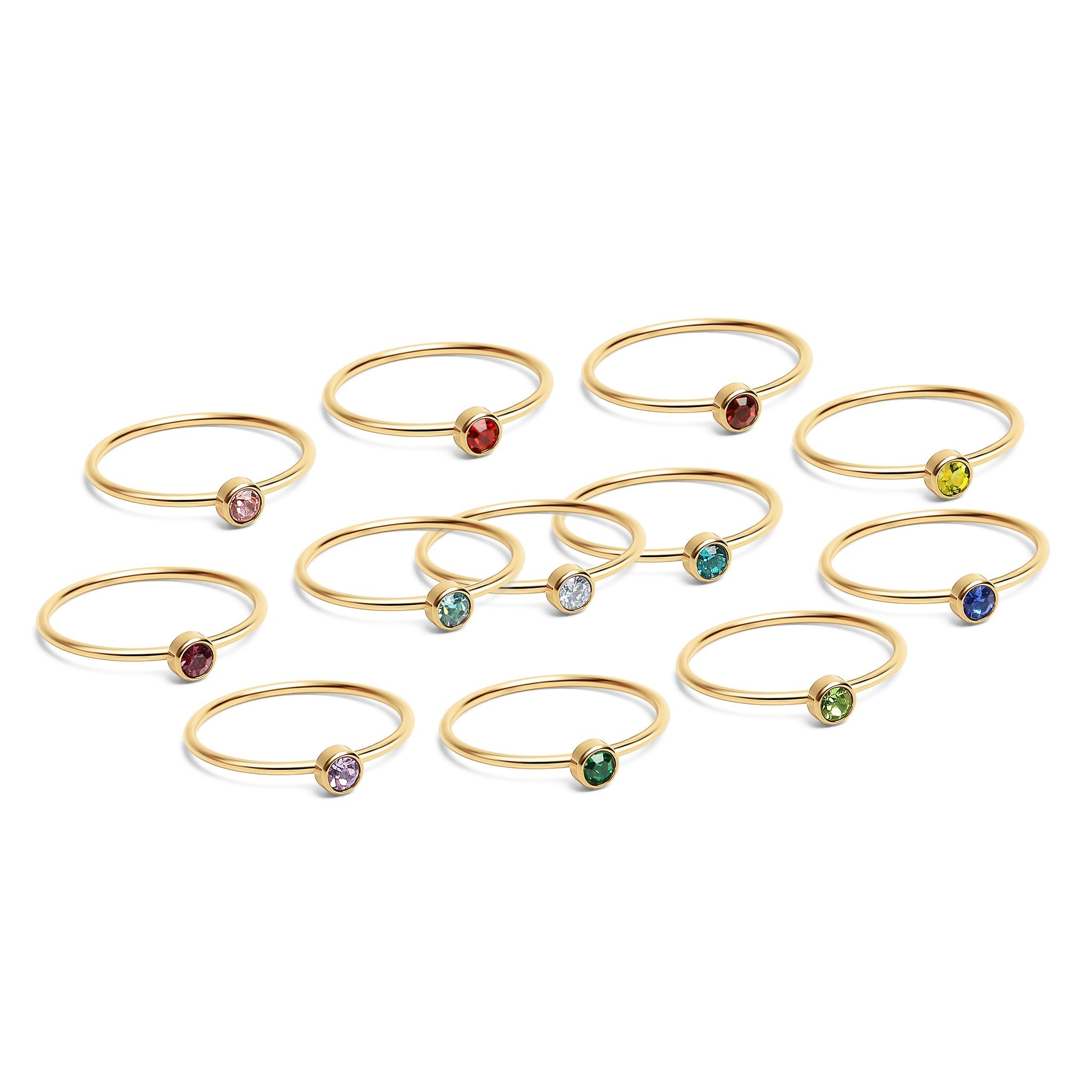 76 pc 18K Gold PVD Coated Stainless Steel Birthstone Stacking Ring Set & Display