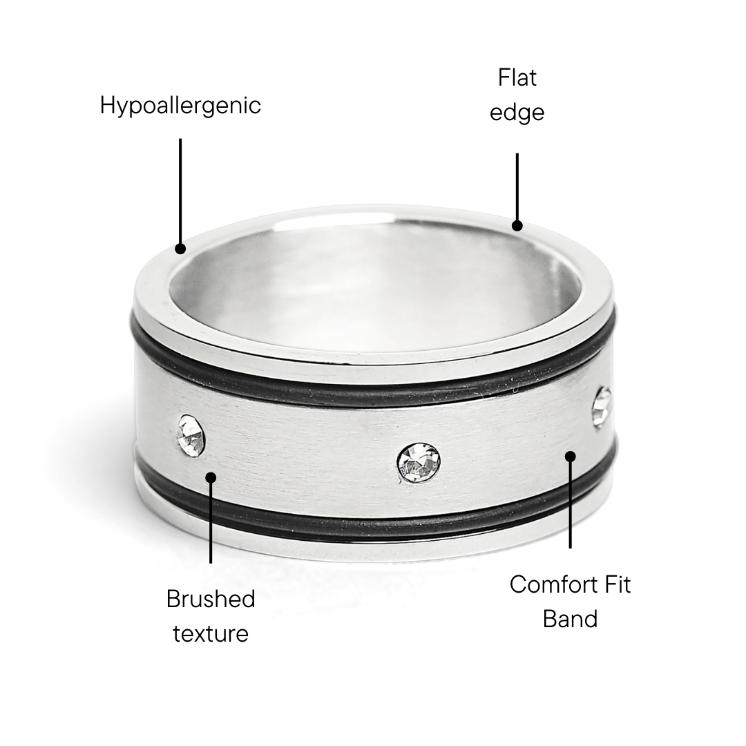 CZ Stones With Rubber Accents Highly Polished Stainless Steel Ring
