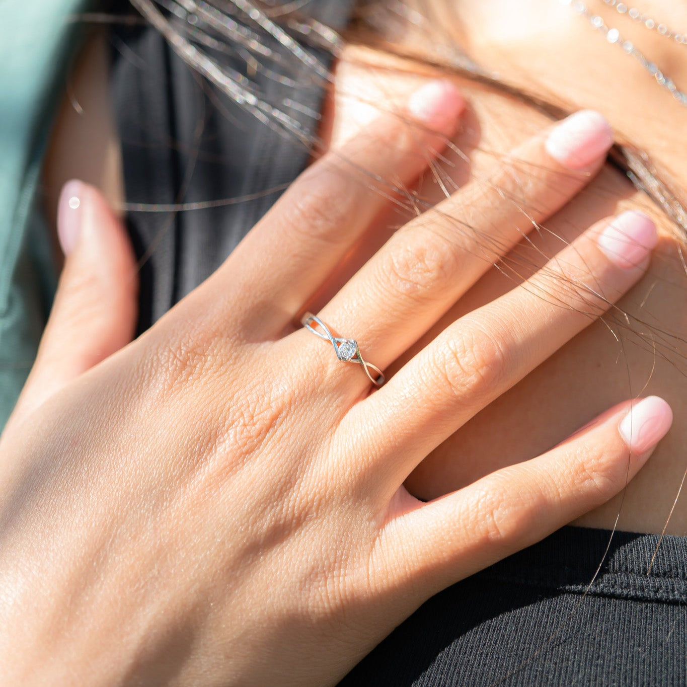 Stainless Steel Twisted Band CZ Accent Ring