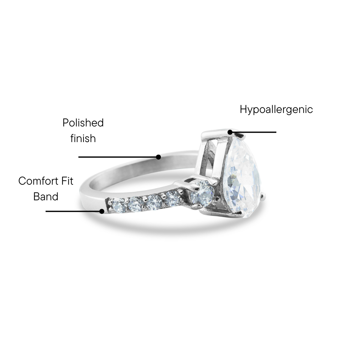 Stainless Steel CZ Teardrop Statement Ring