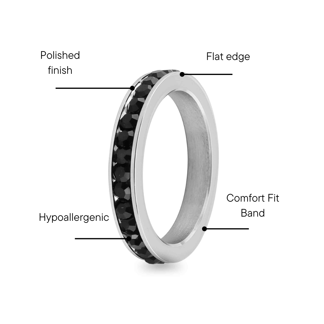 Black CZ Center Highly Polished Stainless Steel Flat Ring