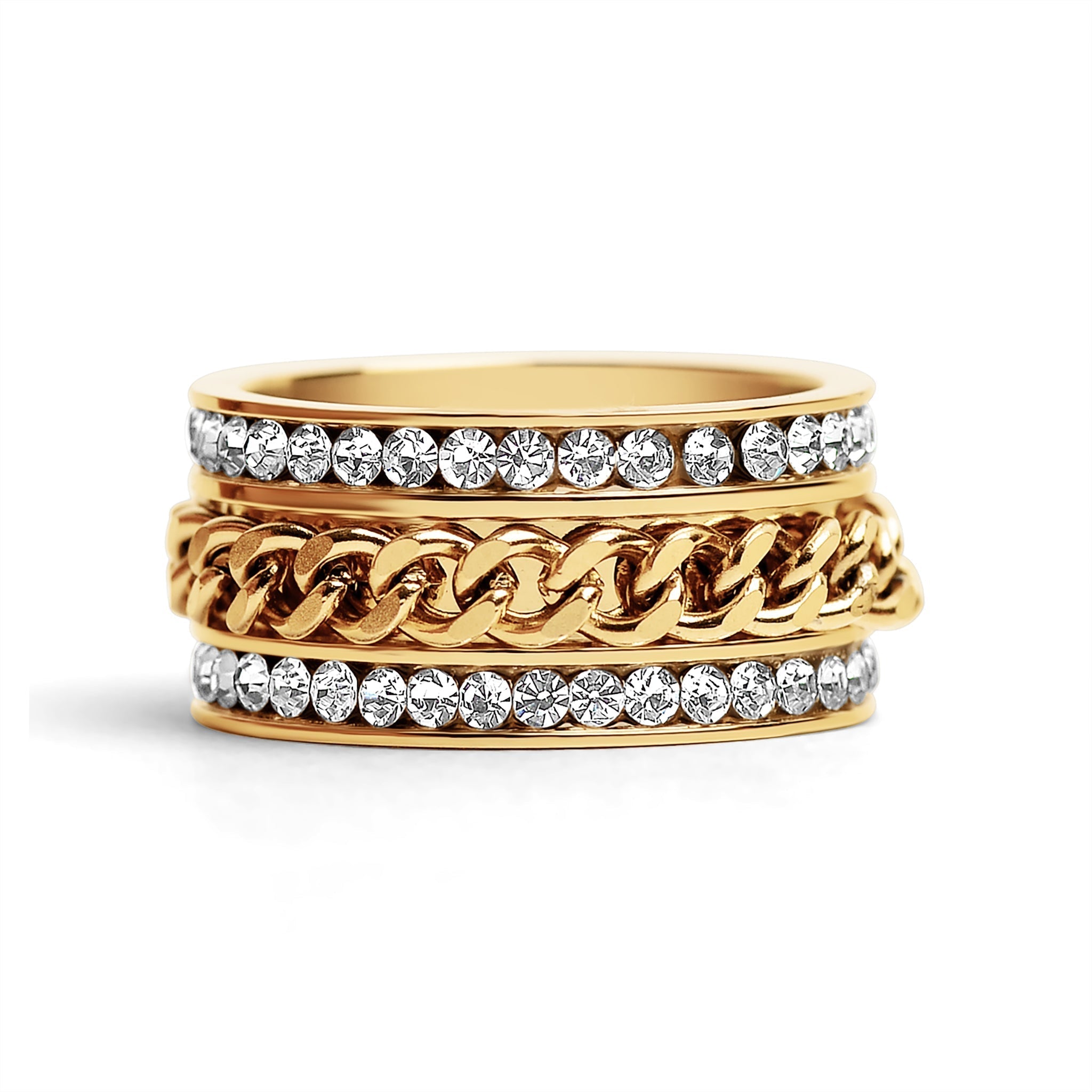 10 Pack - CZ Eternity With 18K Gold Center Chain Spinner Stainless Steel Ring