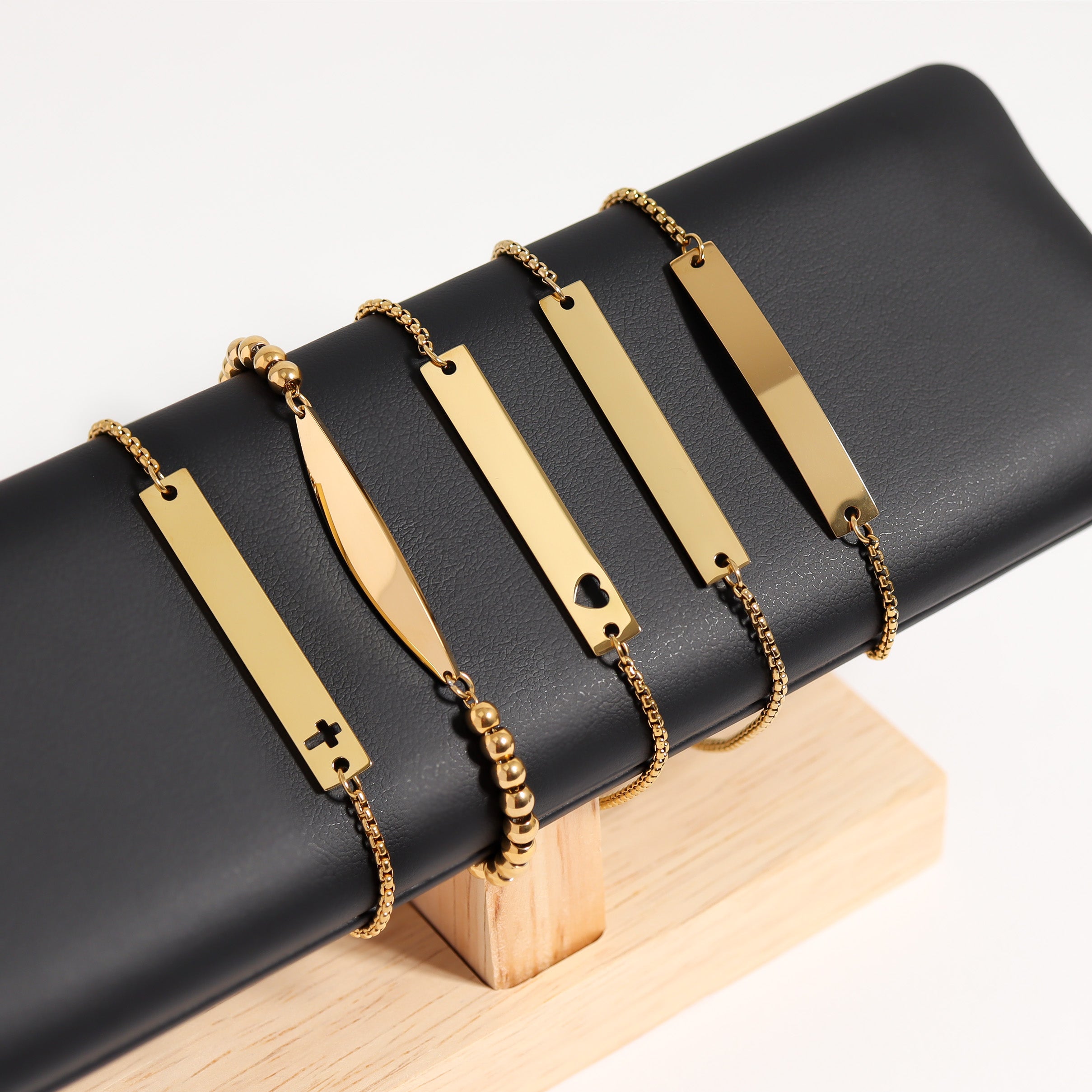 18K Gold PVD Stainless Steel Flat Adjustable Cross Cutout Blank Bar Bracelet