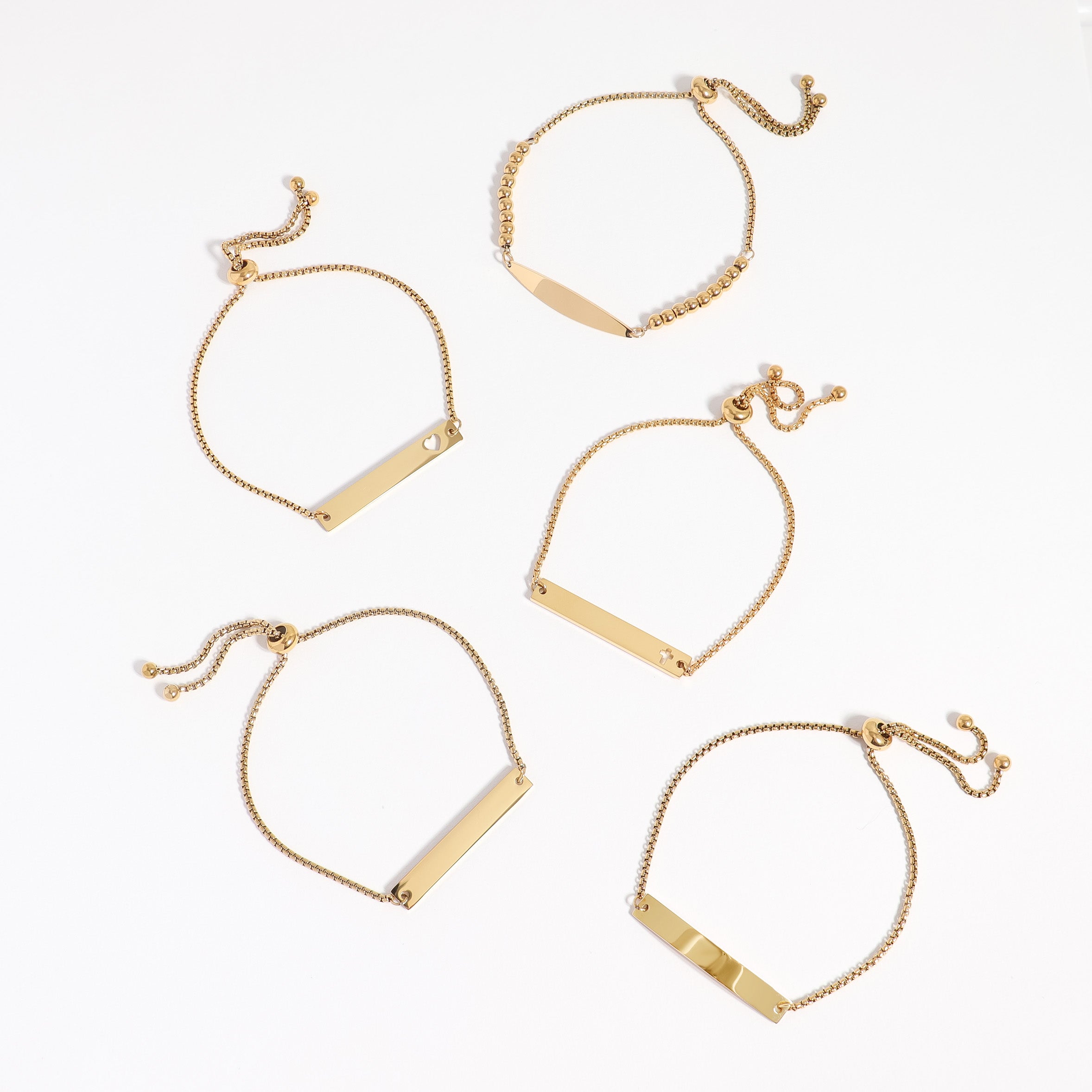 18K Gold PVD Stainless Steel Adjustable Beaded Curved Blank Bar Bracelet
