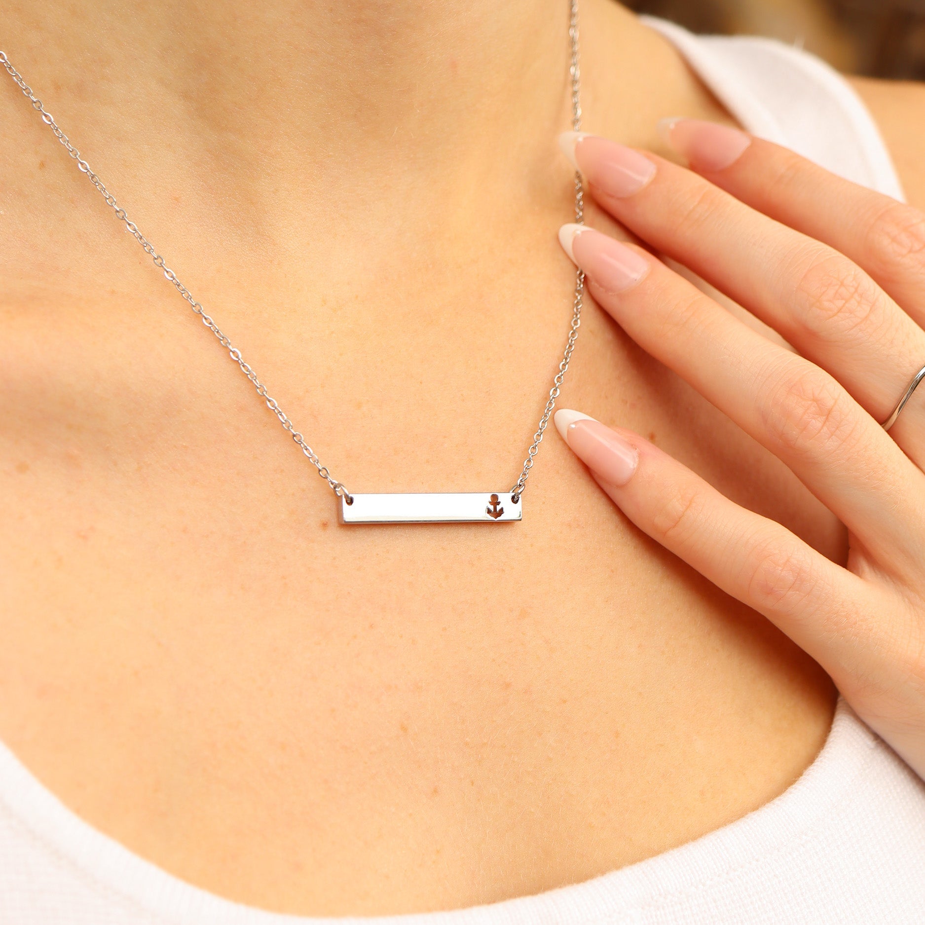 18K Gold PVD Stainless Steel Anchor Cutout Horizontal Blank Bar Necklace