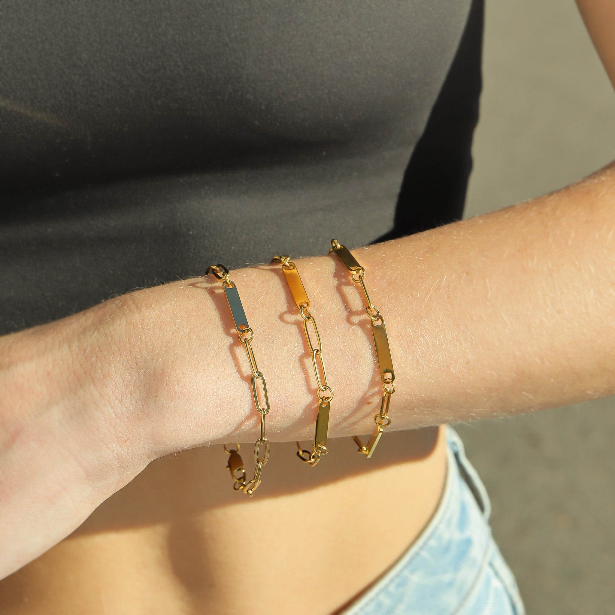 30pc 18K Gold PVD Coated Stainless Steel Engravable Paperclip Bar Necklace Bracelet Set