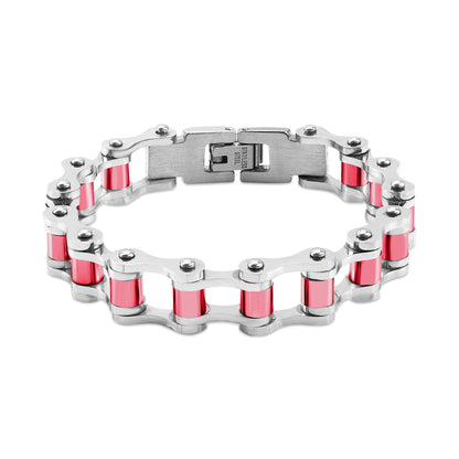 Stainless Steel And Pink Bike Chain Bracelet