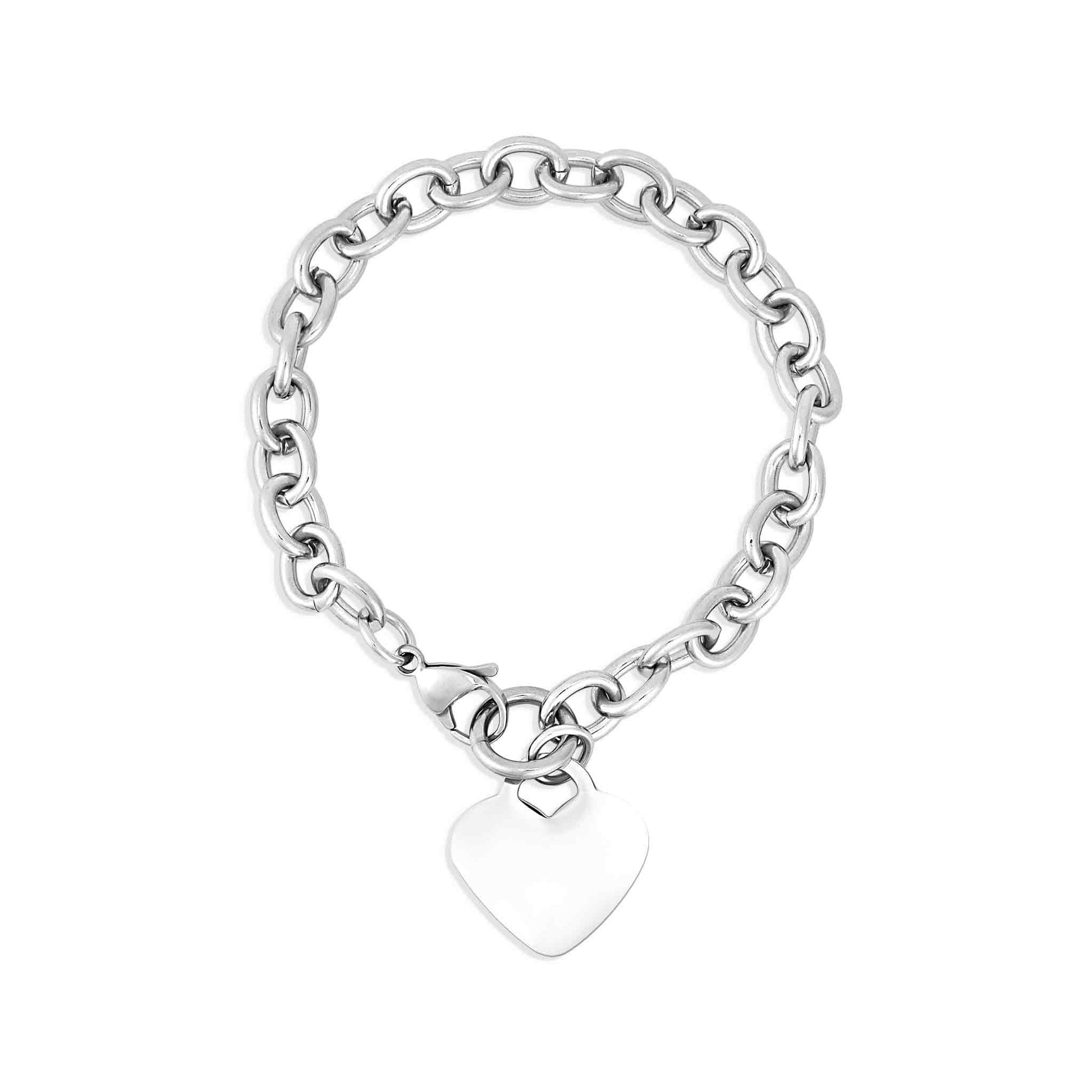 A silver stainless steel heart-shaped bracelet with a blank space for engraving, displayed against a white background.