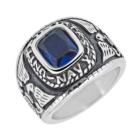 Stainless Steel United States Navy Military Men's Ring with Blue Stone