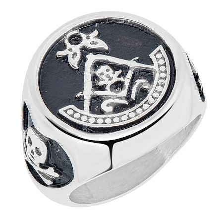 Stainless Steel Masonic Inlay With Accent Skulls Signet Ring