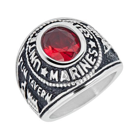 Stainless Steel United States Marine Corp Military Women's Ring with Red Stone