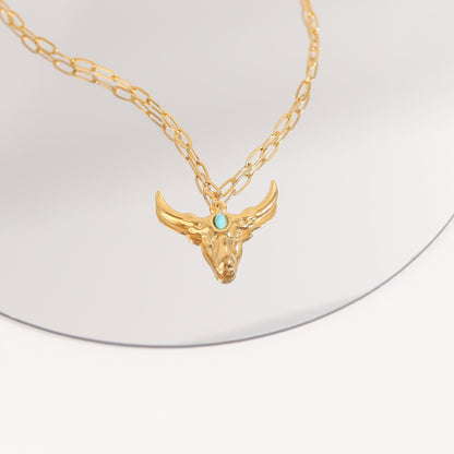 18K Gold PVD Stainless Steel Longhorn with Turquoise Charm