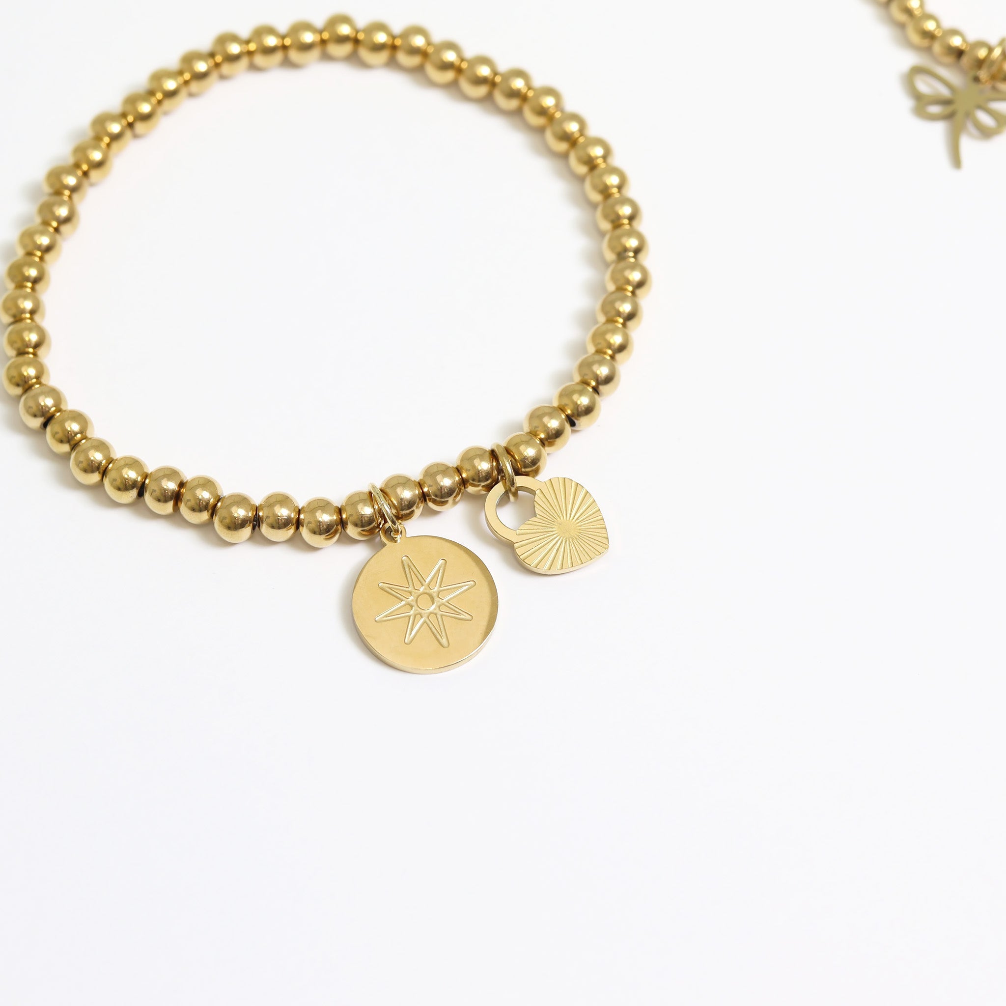 18K Gold PVD Stainless Steel Sunburst Heart Lock Charm