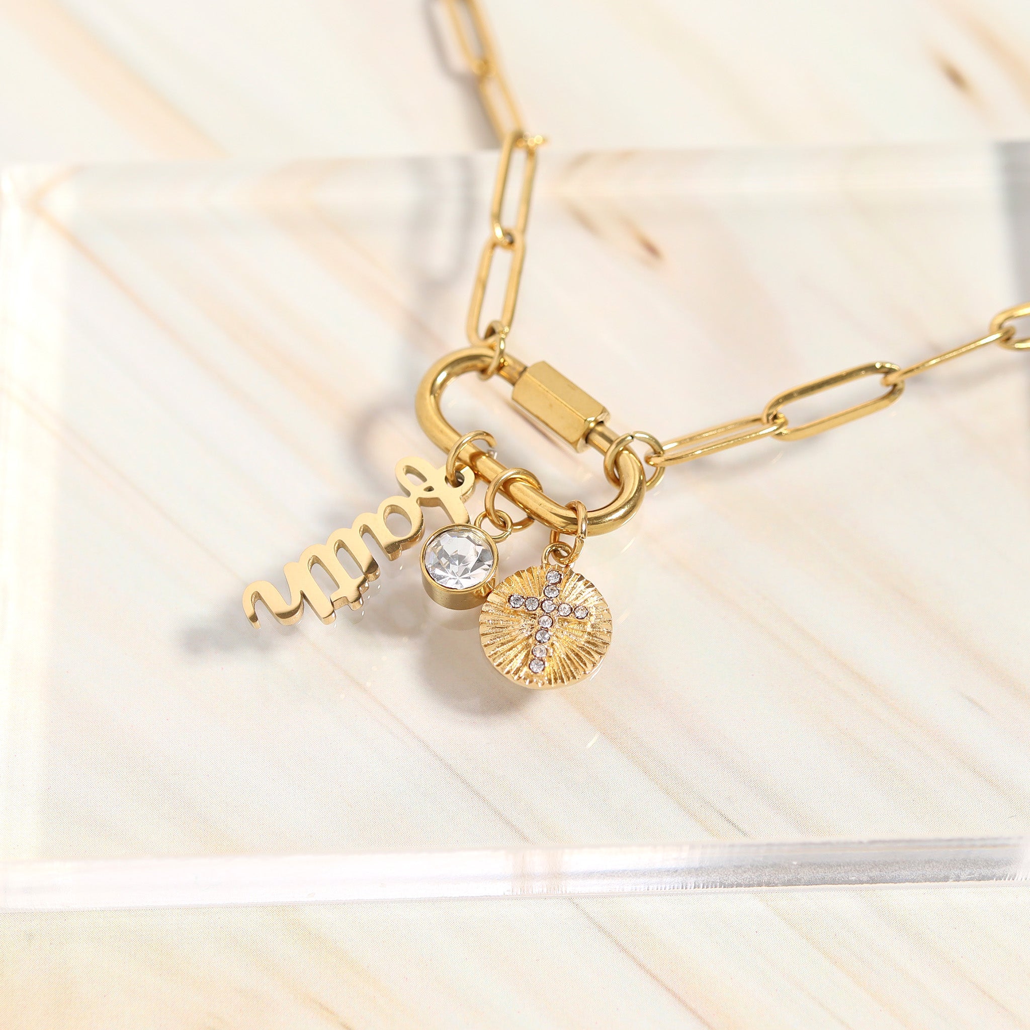 18K Gold PVD Stainless Steel Carabiner Faith Charm Paperclip Necklace