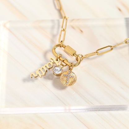 18K Gold PVD Stainless Steel Carabiner Faith Charm Paperclip Necklace