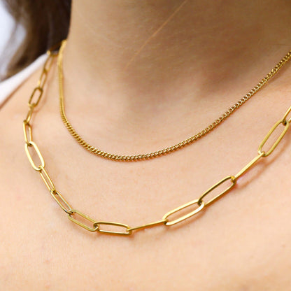18K Gold PVD Stainless Steel Dainty Curb and Paperclip Layered Chain Necklace