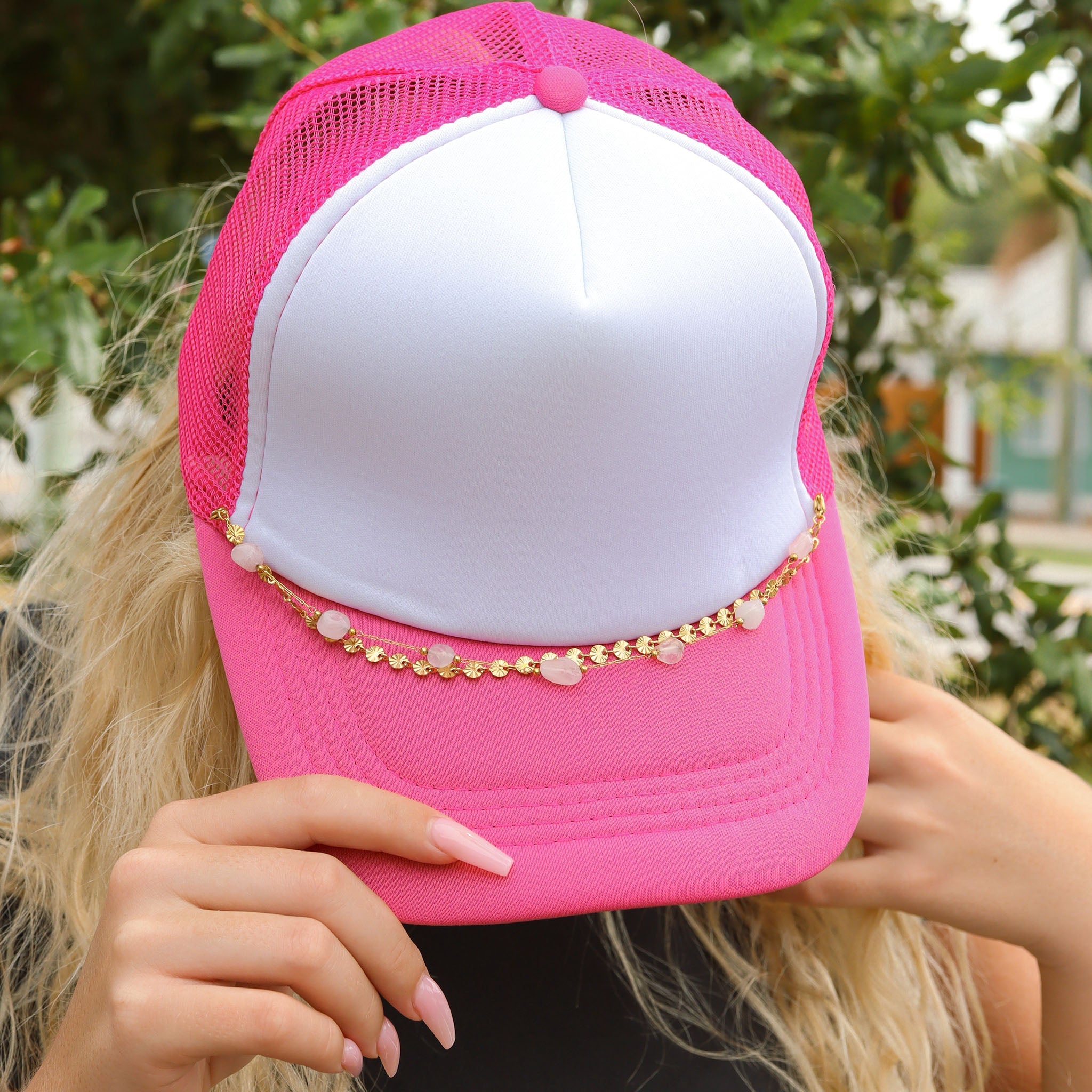 18K Gold PVD Stainless Steel Crimped Oval & Crystal Stone Layered Trucker Hat Chain