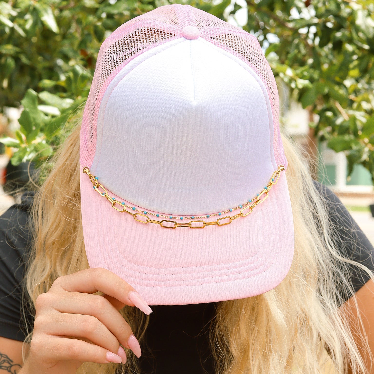 18K Gold PVD Stainless Steel Paperclip & Satellite Layered Trucker Hat Chain