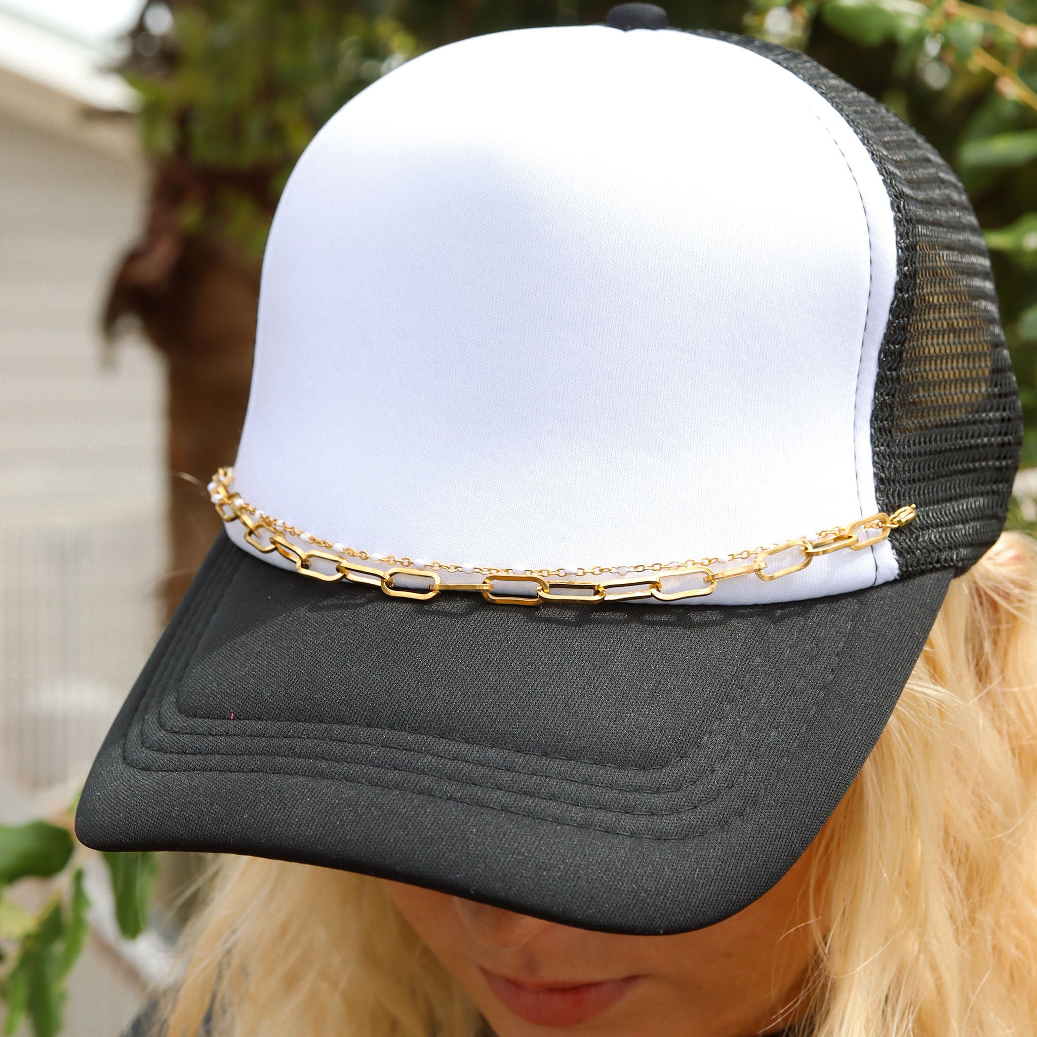 18K Gold PVD Stainless Steel Paperclip & Satellite Layered Trucker Hat Chain