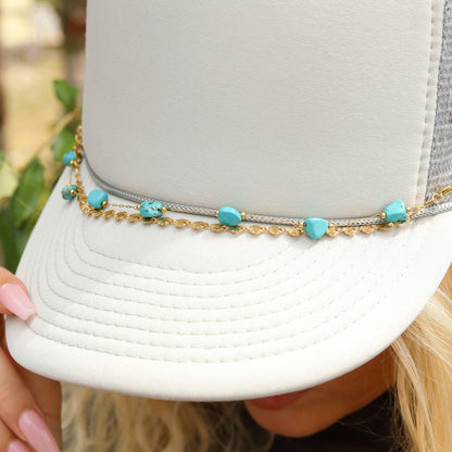 18K Gold PVD Stainless Steel Crimped Oval & Turquoise Stone Layered Trucker Hat Chain