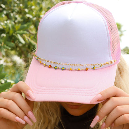 18K Gold PVD Stainless Steel Heart & Daisy Layered Trucker Hat Chain