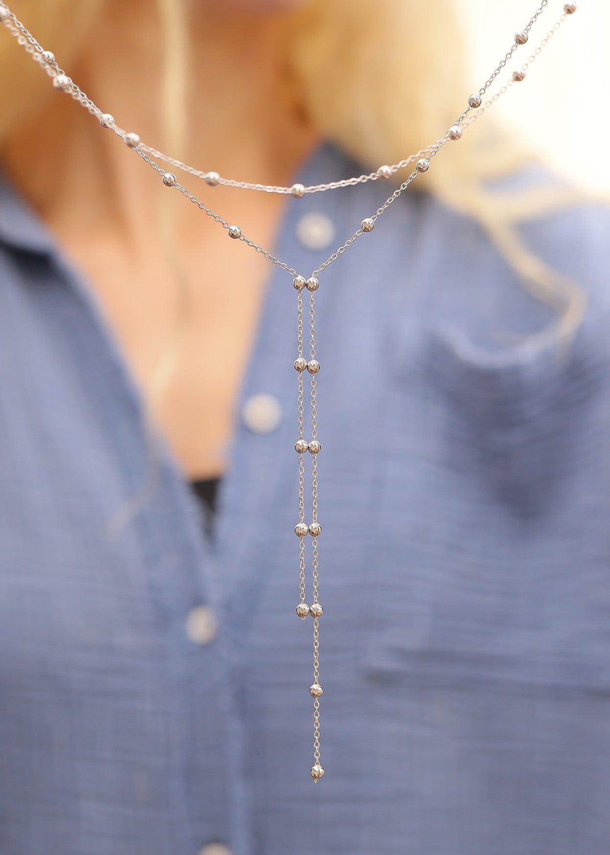 18K Gold PVD Stainless Steel Satellite Layered Lariat Necklace