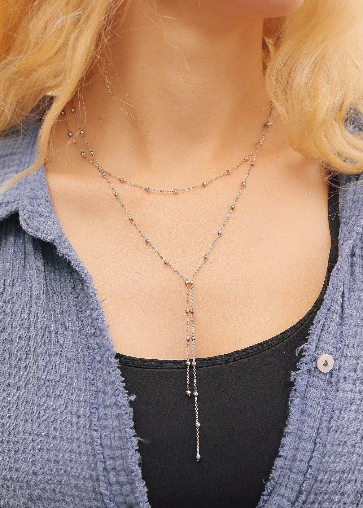 18K Gold PVD Stainless Steel Satellite Layered Lariat Necklace