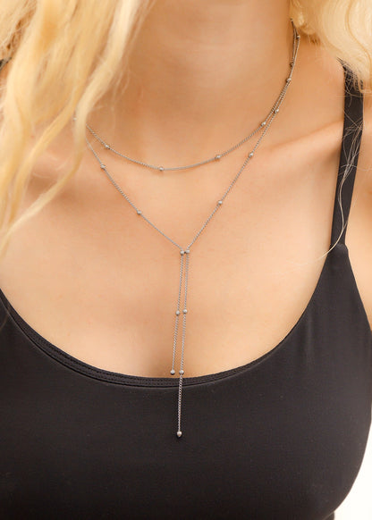 18K Gold PVD Stainless Steel Lariat Necklace Double Ball Bead
