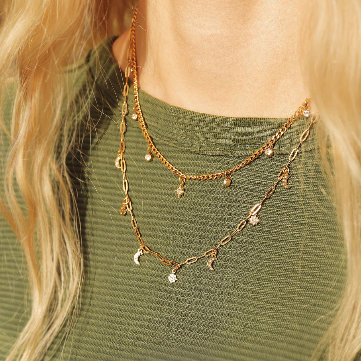 Stainless Steel Moon & Compass Star Charm Necklace