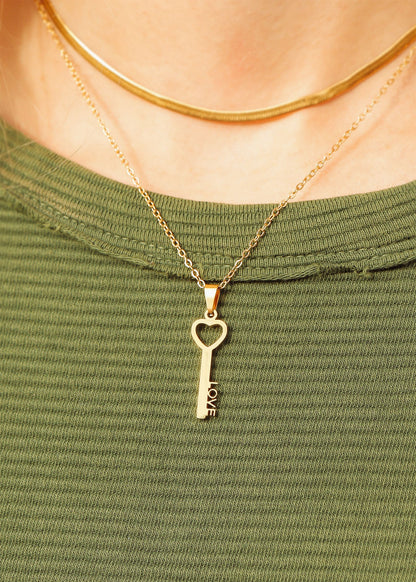 18K Gold PVD Stainless Steel Love Key Pendant Necklace