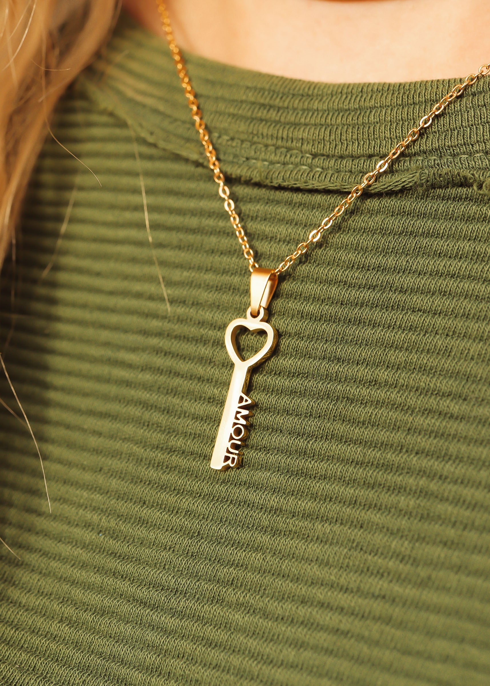 18K Gold PVD Stainless Steel Amour Key Pendant Necklace