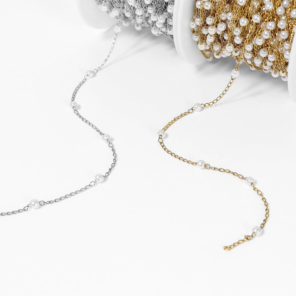 18K PVD Stainless Steel Faux Pearl Cable Chain By The Foot