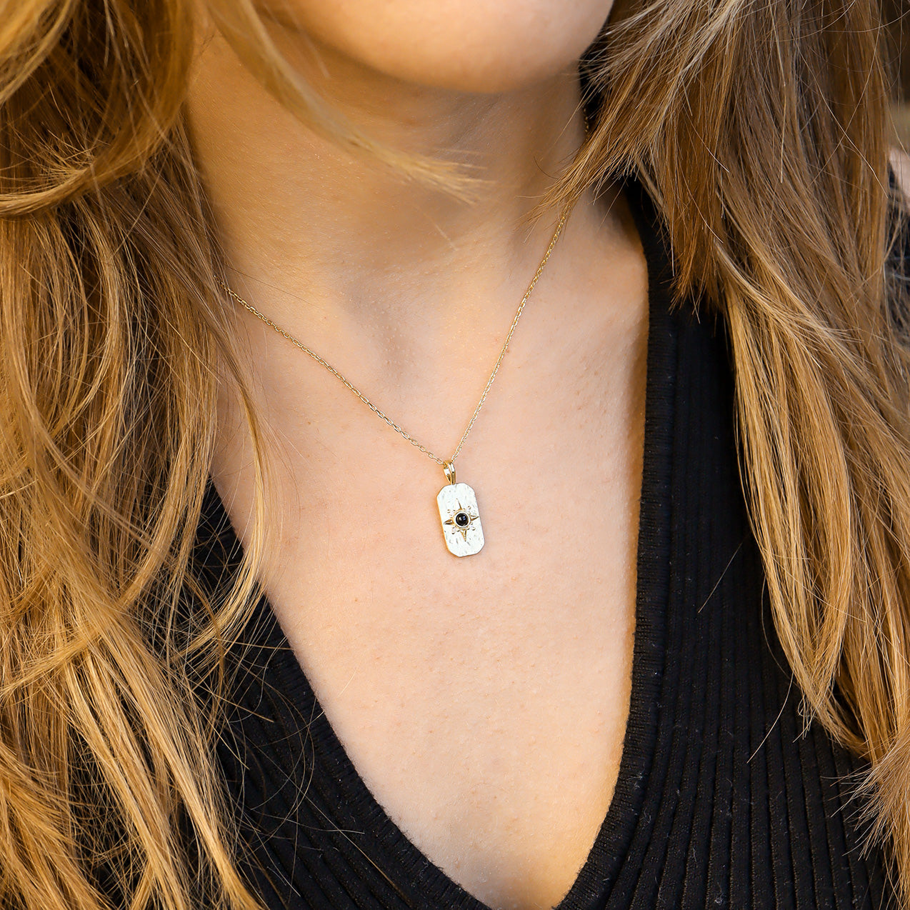 14K Gold Plated Sterling Silver Semi Precious Compass Star Necklace