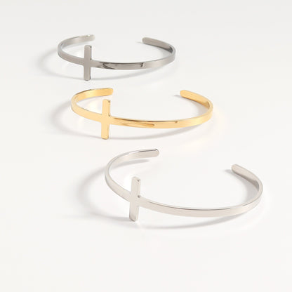 18K Gold PVD Stainless Steel Philippians 4:13 Cross Cuff Bracelet