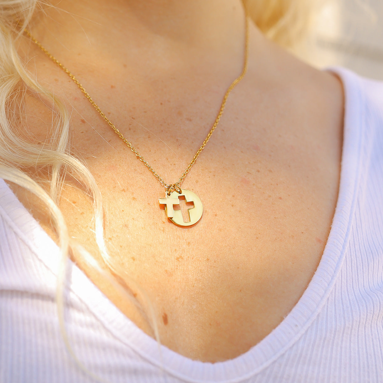 18K Gold PVD Stainless Steel Cutout Cross Charm Necklace