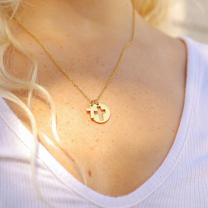 18K Gold PVD Stainless Steel Cutout Cross Charm Necklace