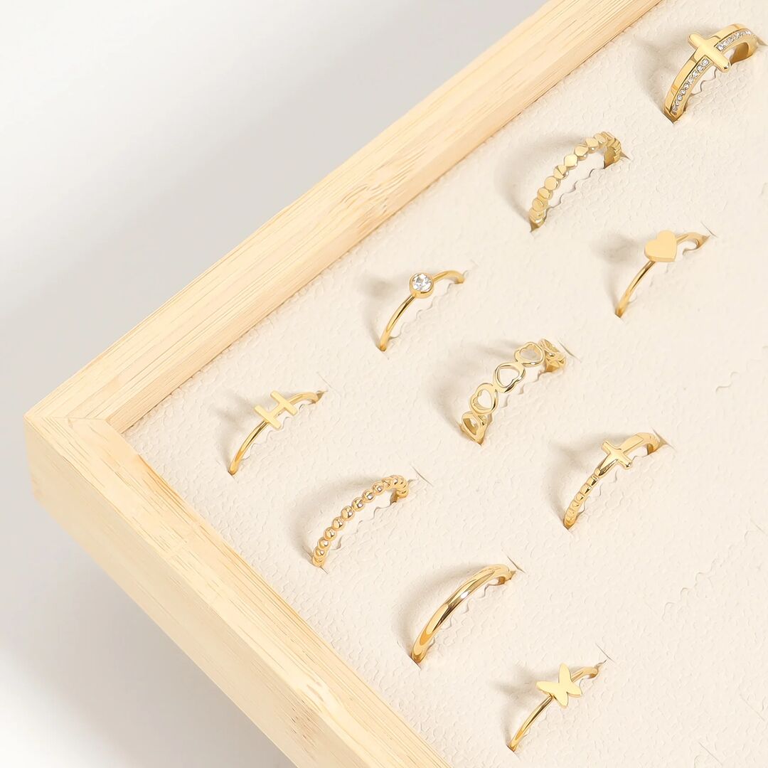 18K Gold PVD Stainless Steel Beaded Cross Stacking Ring