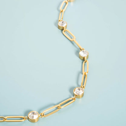 18K Gold PVD Stainless Steel Crystal Stone Paperclip Chain Necklace