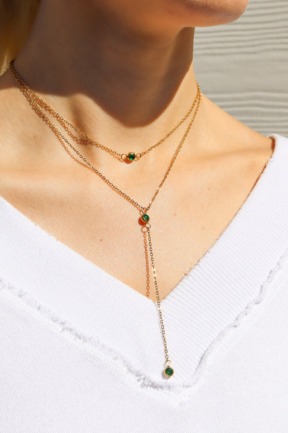 18K Gold PVD Stainless Steel Lariat Necklace CZ Stone Necklace
