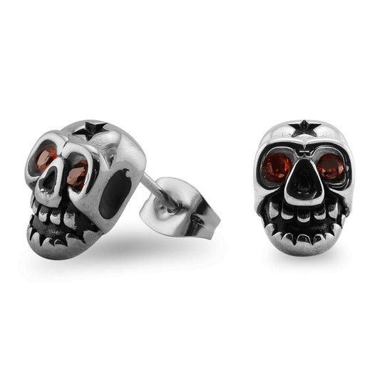 Stainless Steel Dark Red CZ Skull Eyes Post Earrings